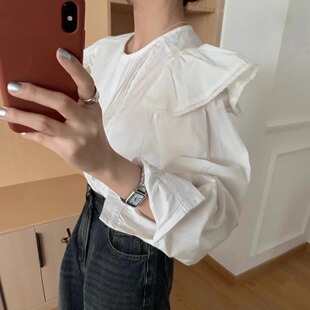 上衣SS013 女甜美气质压褶设计感小众娃娃衫 韩货moment秋法式 衬衫