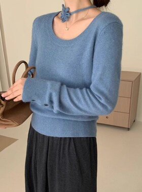 9roove九禾春秋季时尚简约百搭小花飘带百搭羊毛针织衫女26333