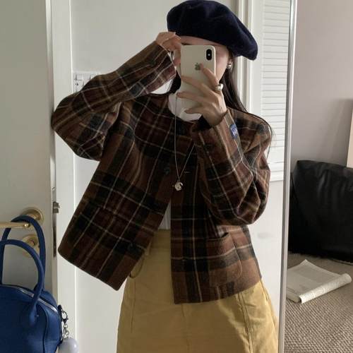 韩系2025秋冬全羊毛格子外套甜美