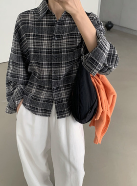 about moon棉麻2025秋季休闲宽松复古格子衬衫衬衣长袖女61596