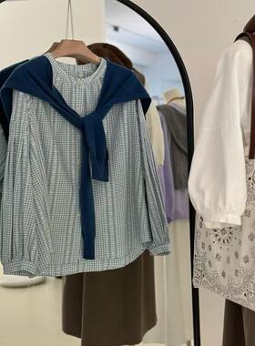 韩国东大门春秋季新款韩系格子花边拼接阔版衬衫08148