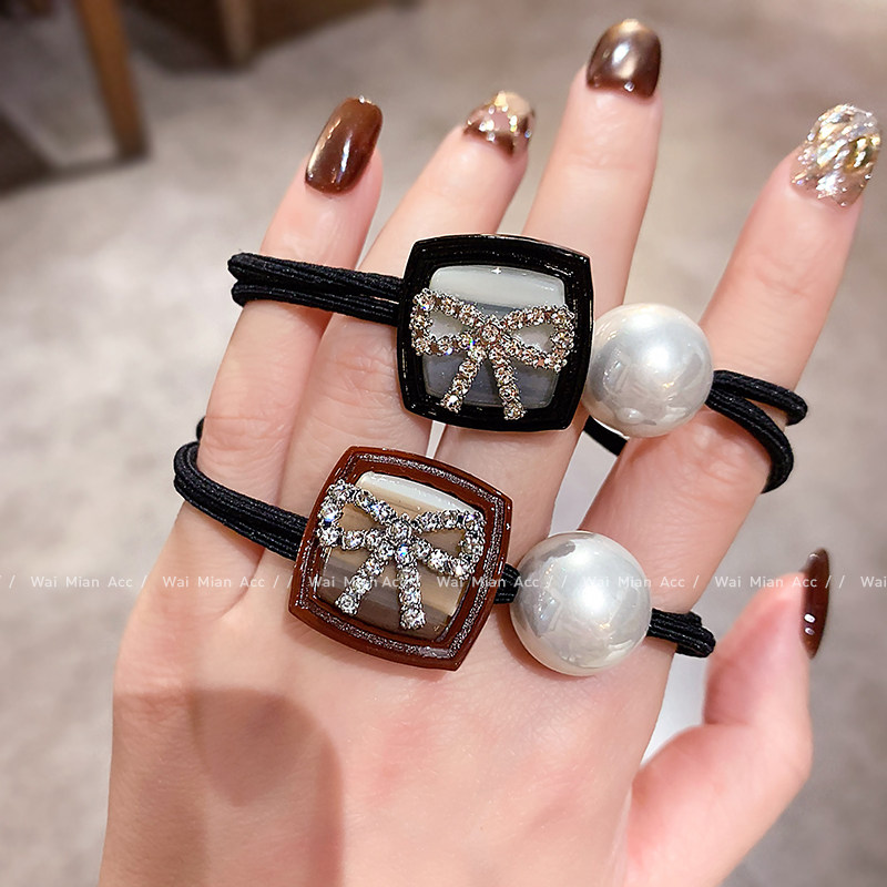 韩版方块珍珠发绳气质镶钻蝴蝶结扎丸子头皮筋发圈女新款马尾头饰