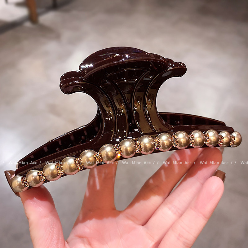 香槟色珍珠抓夹女轻奢韩版咖色鲨鱼夹新款镶钻发量多盘发夹鲨鱼夹