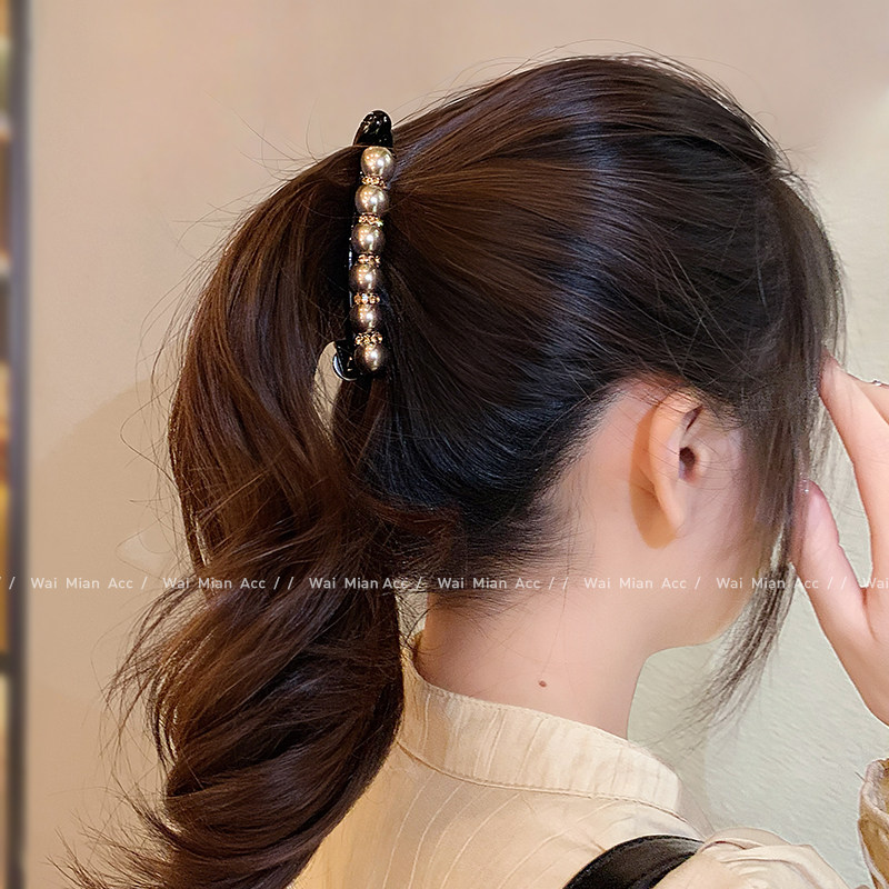韩版香槟色珍珠发夹女镶钻香蕉夹高马尾夹高级感新款半扎发夹头饰