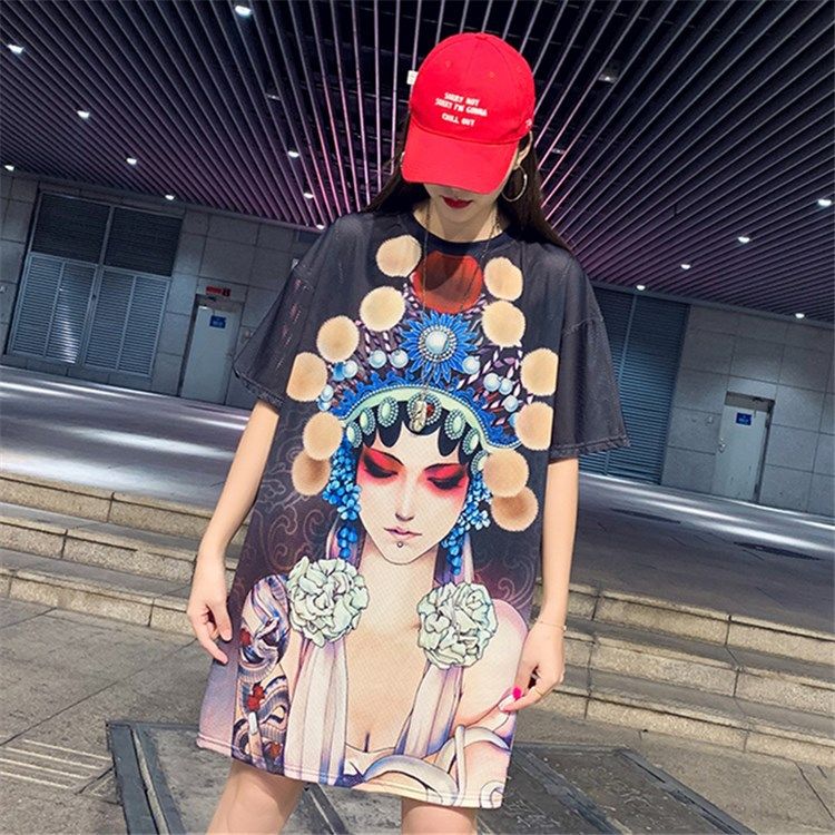 大码T恤短袖女夏季薄款国潮印花中长款速干衣网眼冰丝圆领休闲裙