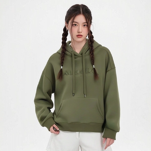 不起球加绒加厚连帽刺绣字母卫衣休闲上衣长袖慵懒时尚橄榄绿女装