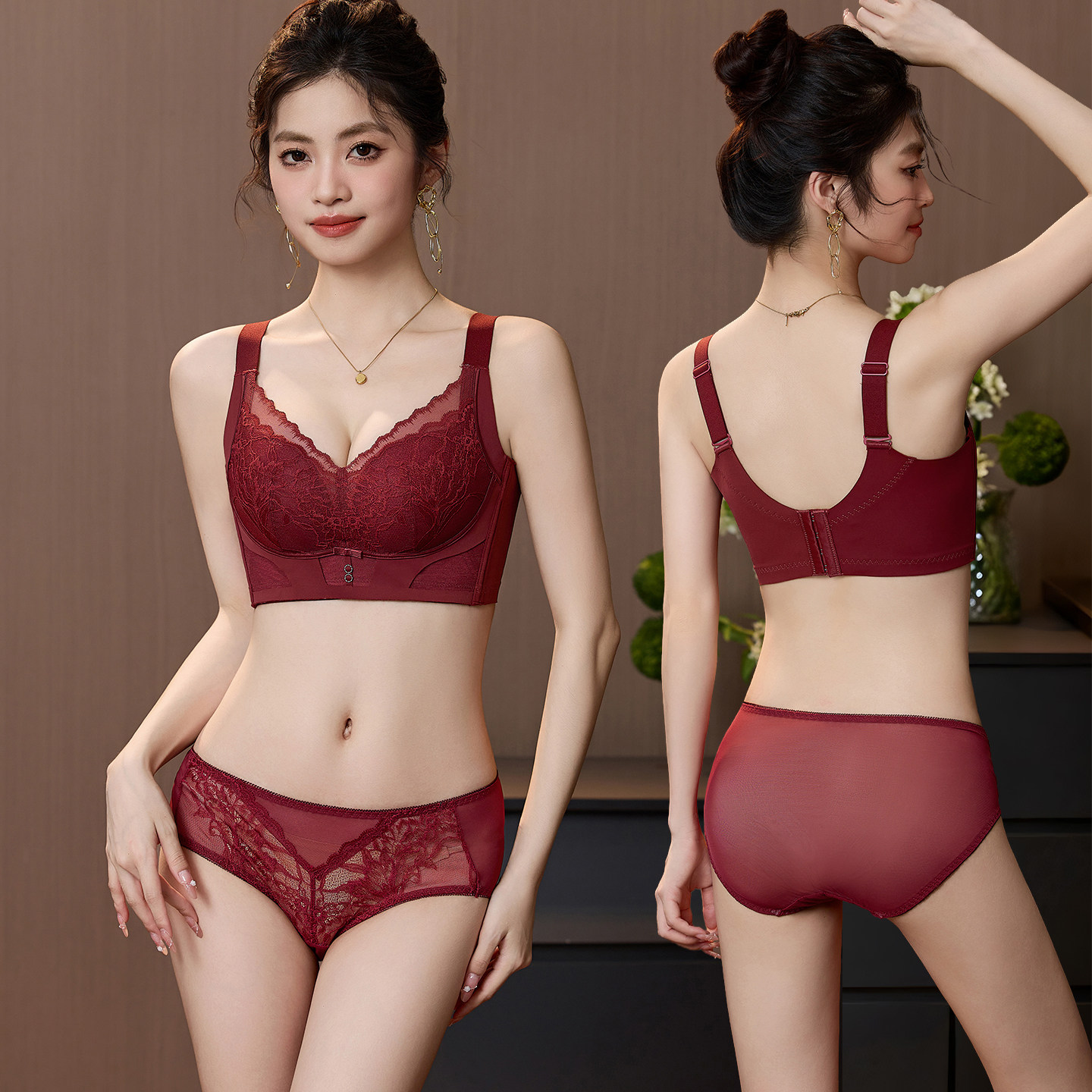 酒红色新款小胸蕾丝性感无钢圈聚拢文胸罩调整型收副乳女内衣套装