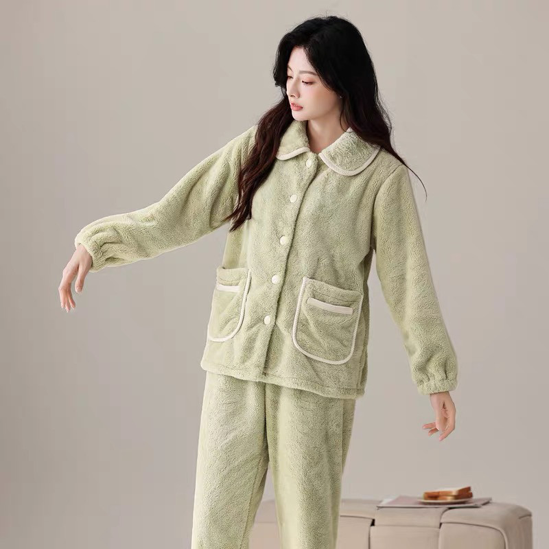 绮瑞秋冬女款家居服加厚珊瑚绒翻领纽扣开衫大码保暖睡衣纯色套装