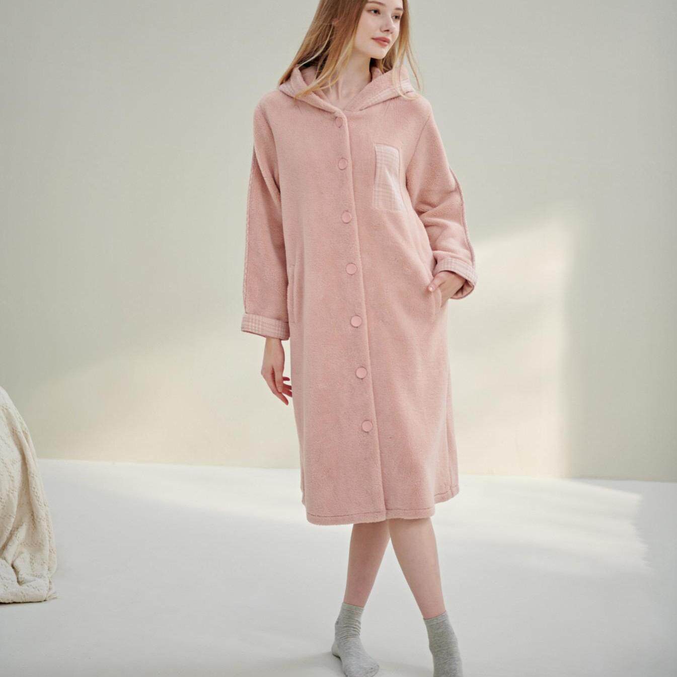 绮瑞复合绒新品睡袍女秋冬款加绒可外穿长款法兰绒睡衣居家服套装