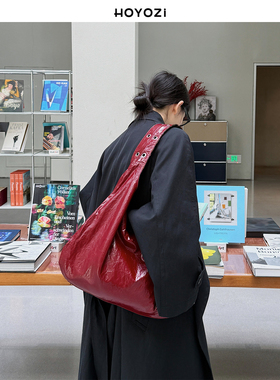 【小优家包包】HOYOZI豹纹铆钉红色双面大包包女大容量秋冬单肩包