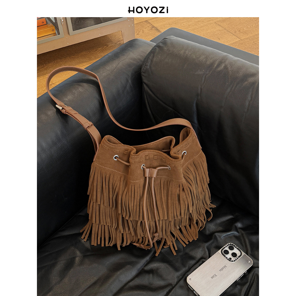 【小优家包包】HOYOZI原创 真皮星星流苏包女单肩斜挎水桶秋冬