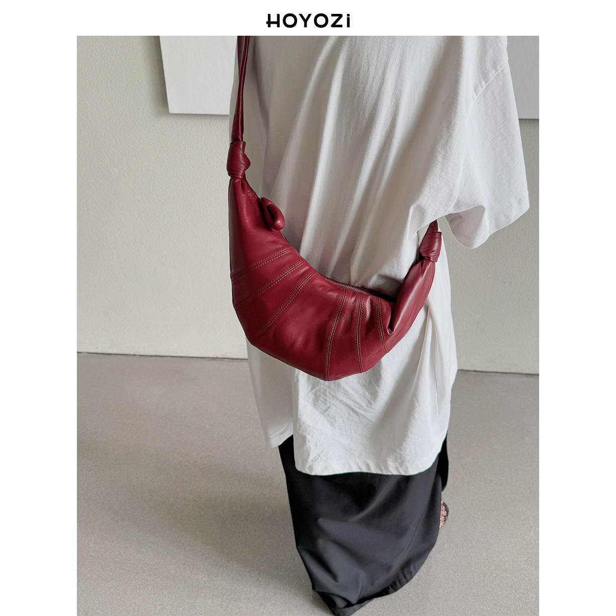 【小优家包包】HOYOZI 红色羊皮牛角包包女2025新款单肩斜挎包
