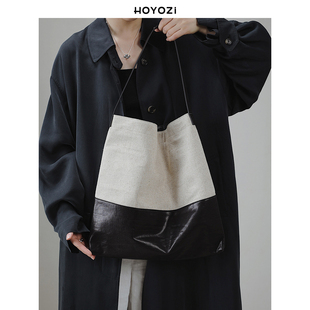 真皮拼接帆布单肩包大容量通勤包 小优家包包 HOYOZI 浅墨时光