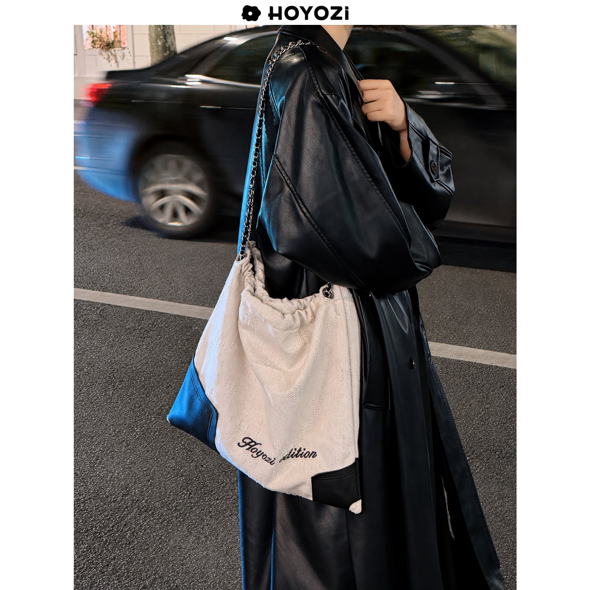 HOYOZI 新品2026 真皮拼链条帆布包女单肩链条包【小优家包包】