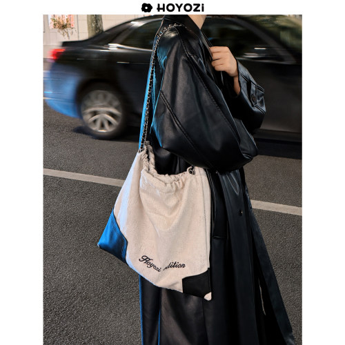 HOYOZI 新品2026 真皮拼链条帆布包女单肩链条包【小优家包包】