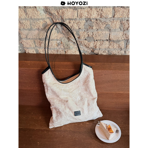 HOYOZI 新品2026 刺绣帆布拼真皮托特夏季单肩包【小优家包包】