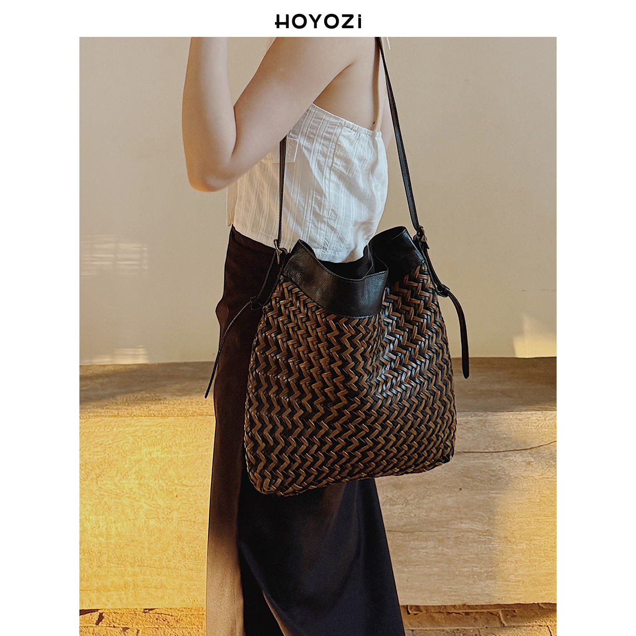 小优家包包】HOYOZI头层牛皮手工编织托特包包轻奢小众高级感斜挎