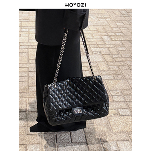 2025新款 HOYOZI黑色菱格链条通勤包包女式 单肩大包 小优家包包