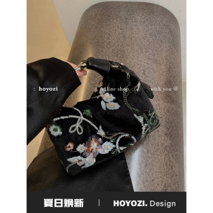 新中式 小优家包包 HOYOZI 珠片手提托特包包女夏天单肩斜挎包