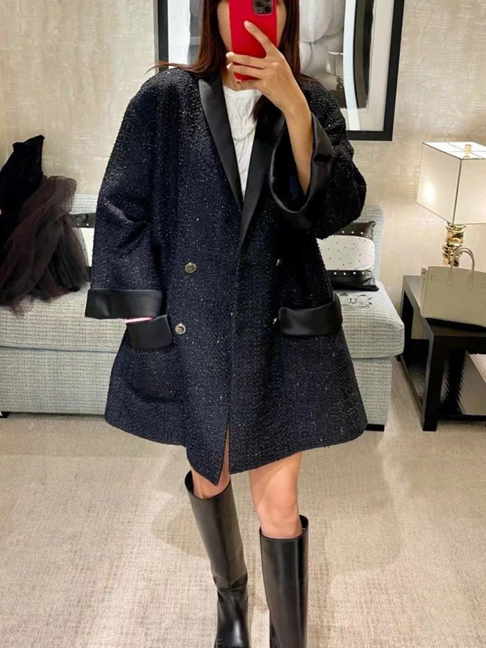 小香22春夏系黑色廓形大西装翻领花呢拼断面慵懒女外套