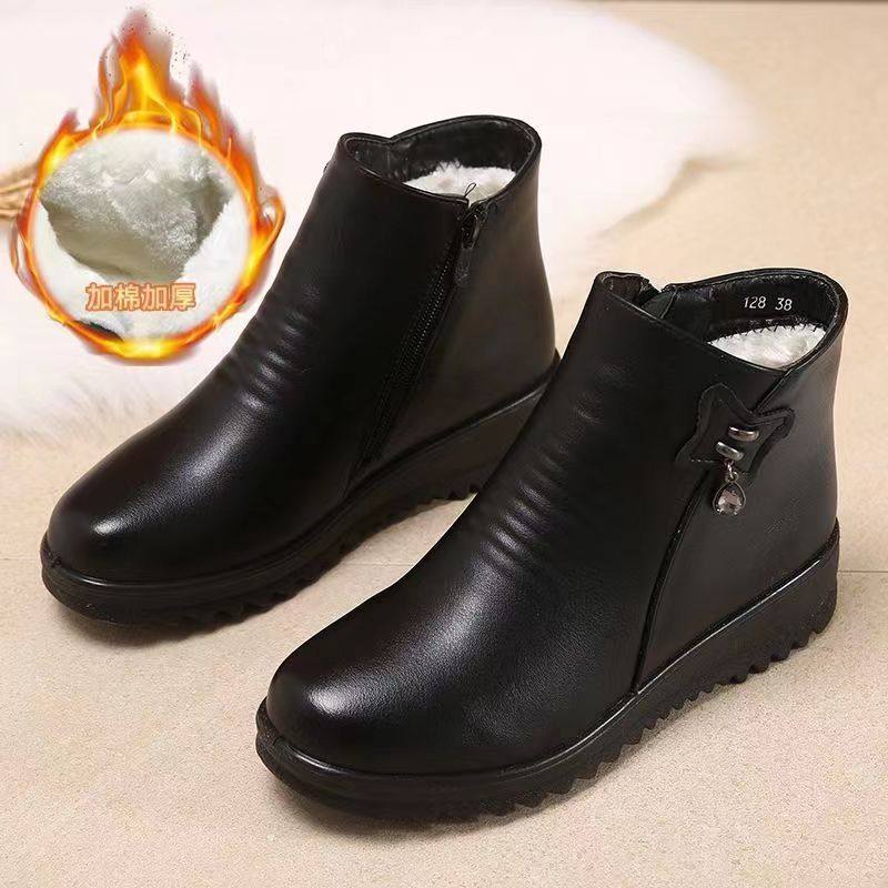 妈妈平跟短靴保暖加绒平底防滑皮鞋女冬中老年靴子绒毛老人棉鞋子,女鞋,棉鞋,淘宝优惠券,粉丝福利购,淘宝优惠卷