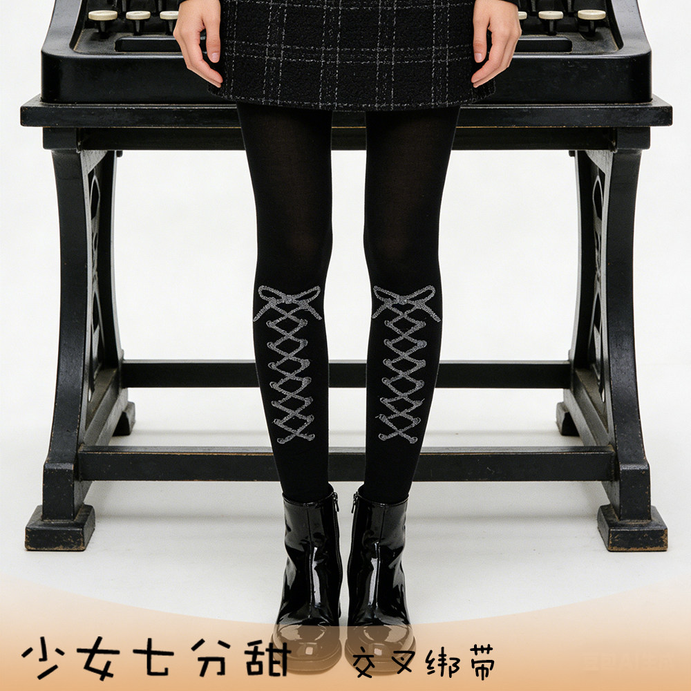 少女七分甜 日系百搭原宿袜交叉绑带lolita袜100D天鹅绒连裤袜女