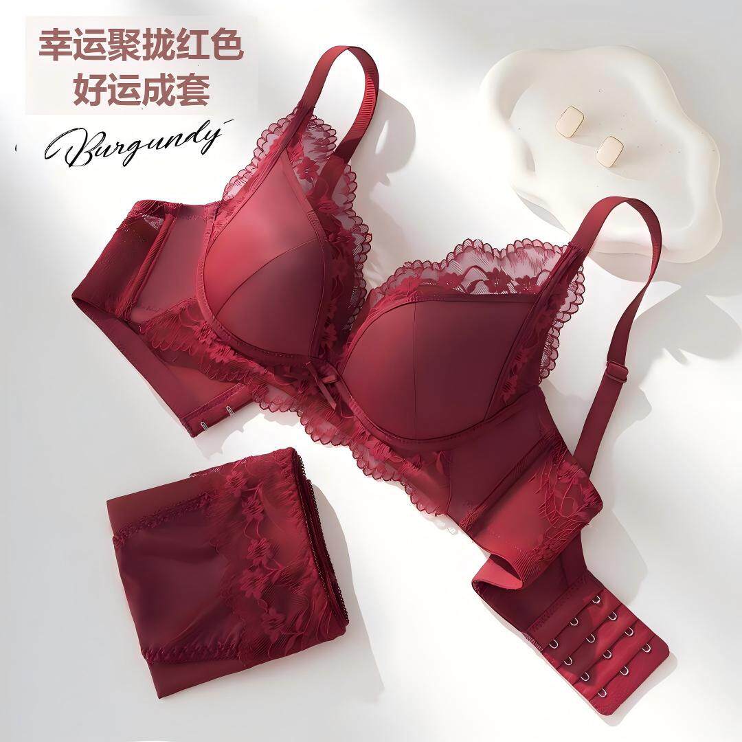纯欲蕾丝本命年红色内衣女小胸聚拢显大舒适防下垂性感文胸罩套装
