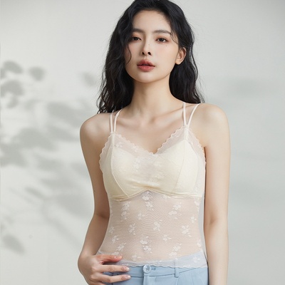 内衣女小胸聚拢美背文胸一体固定杯蕾丝吊带背心女内搭