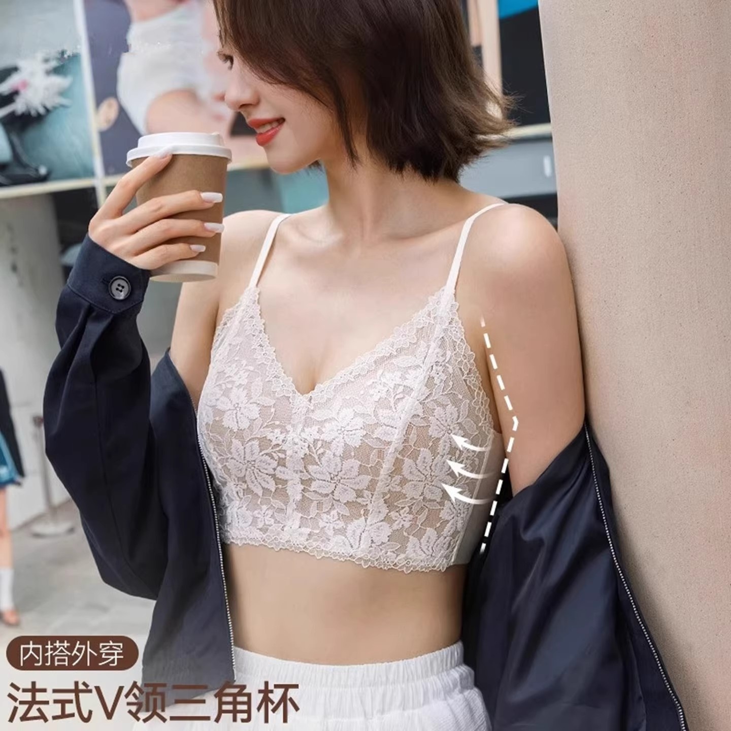 性感深V法式蕾丝三角杯内衣女小胸聚拢无钢圈无痕薄吊带背心文胸