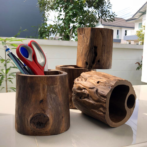 木质笔筒泰国实木办公桌面笔筒