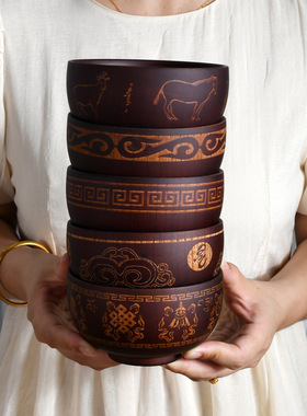 民族风雕刻花纹酸枣木碗蒙餐专用儿童餐具蒙古族家用木制奶茶碗