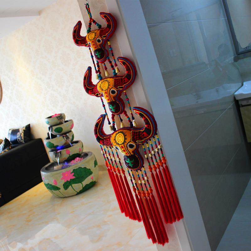 中国风民族布艺牛头彝族壁挂 牛气冲天壁饰背景墙店铺农家乐挂饰