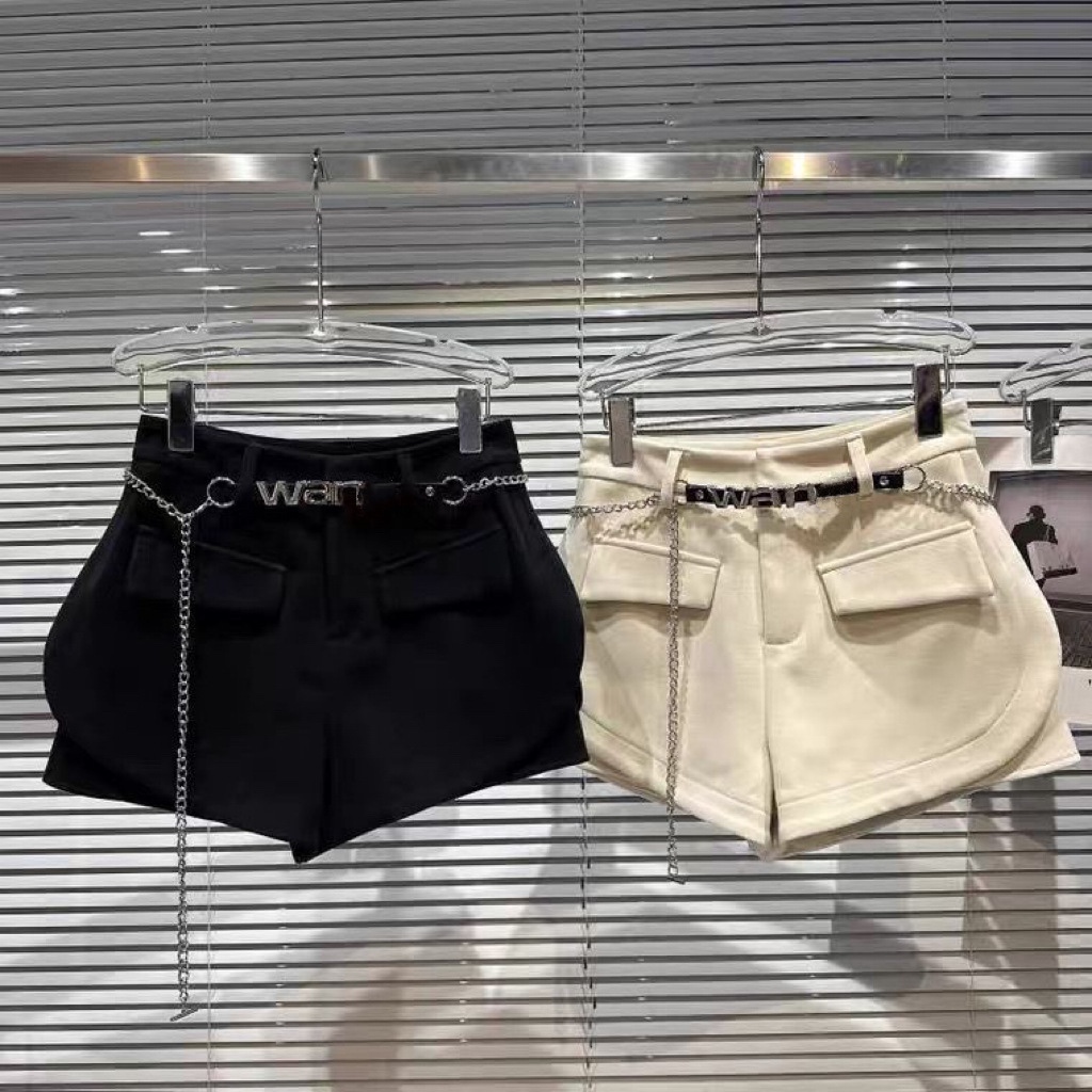 女童毛呢短裤秋冬2023新款松紧腰纯色字母链条裤子儿童阔腿短裤潮