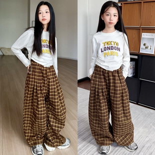 女童黄色格子裤春秋2025新款高腰休闲遛弯慵懒垂感阔腿裤复古裤子