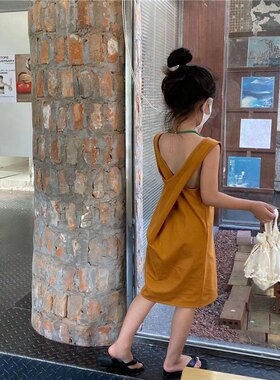 夏季女童韩版炸街南瓜色背心裙女宝设计感后背交叉吊带裙连衣裙潮