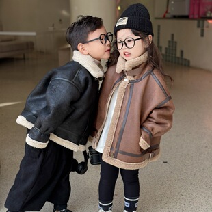 童装2025冬季新款男童加绒麂皮羊羔毛外套韩版儿童洋气保暖外套潮