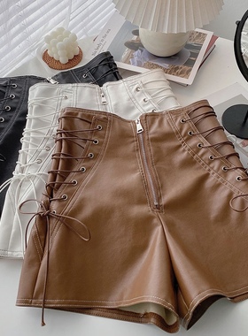 女童皮短裤秋冬新款2025韩版PU皮松紧半拉链高腰A字抽绳休闲靴裤