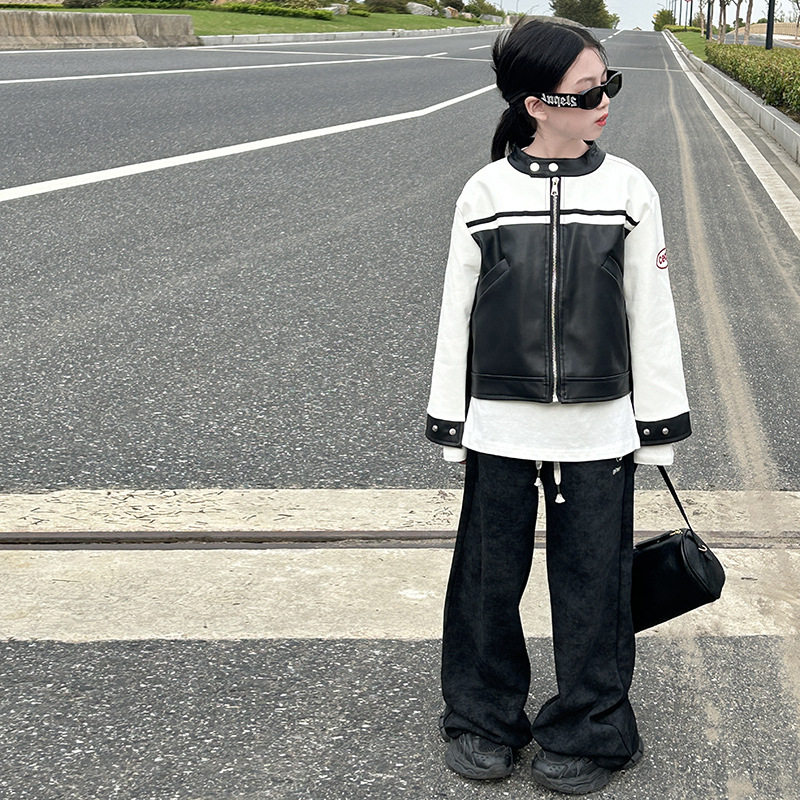 女童外套2024秋装新款儿童皮夹克百搭上衣童装复古机车风拼接外套
