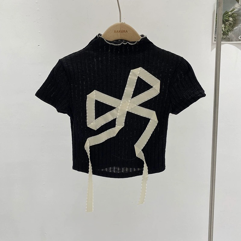 设计感小众蝴蝶结拼接短袖t恤女童夏短款2024新款别致正肩小上衣