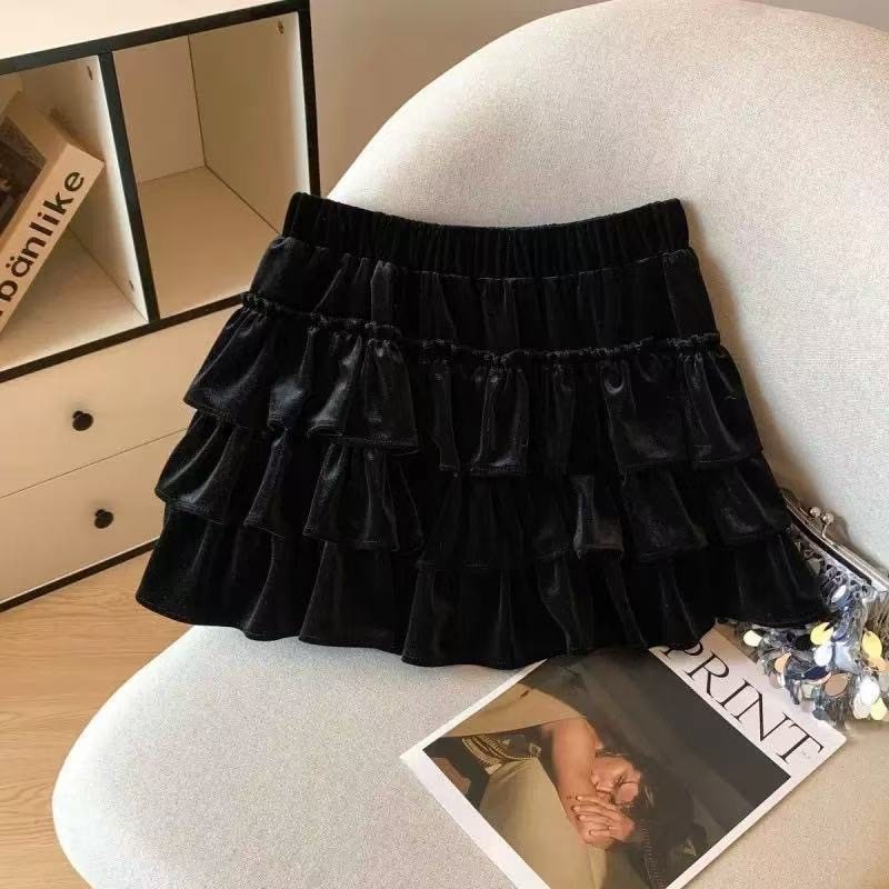 春秋儿童裙子蛋糕裙小女孩公主复古黑色短裙蓬蓬裙女童丝绒半身裙