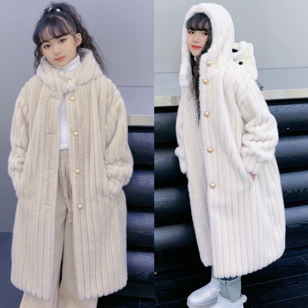 秋冬女童皮草外套新款儿童皮毛一体环保仿貂绒大衣长款韩版连帽衫