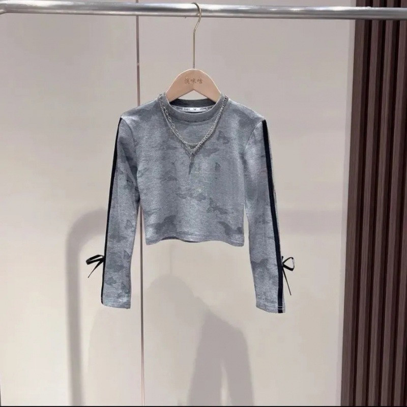 韩版女童装春秋洋气新款中大童蝴蝶结时尚个性短款长袖恤百搭上衣