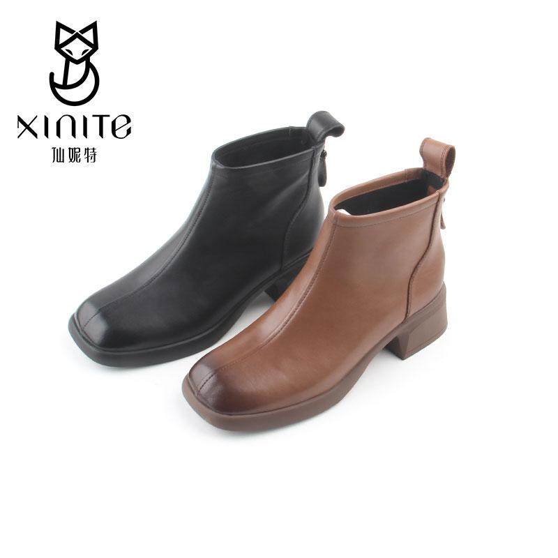 仙妮特商场同款牛皮复古秋冬女短靴方头后拉链中跟时装靴 X664156,女鞋,时装靴,淘宝优惠券,粉丝福利购,淘宝优惠卷