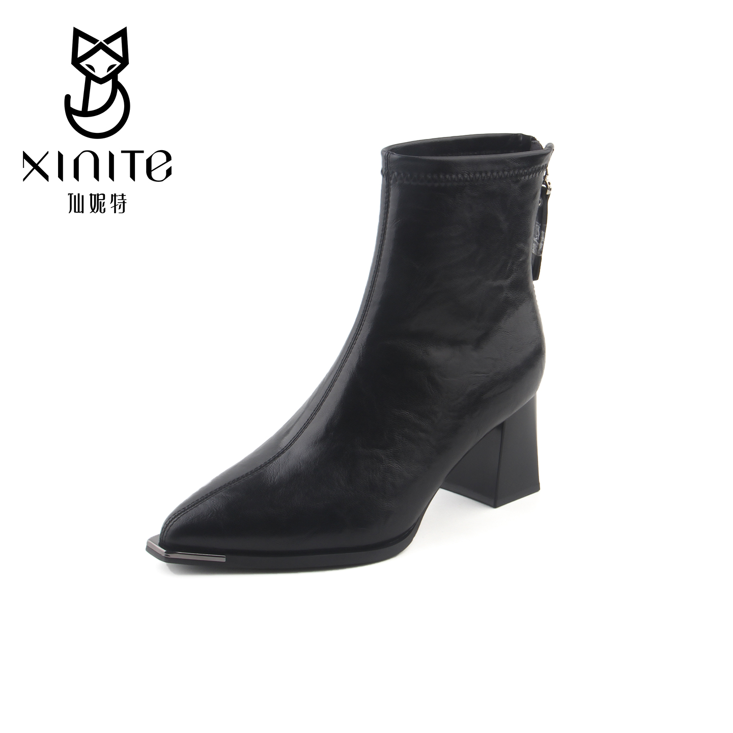 仙妮特女鞋官方旗舰店秋冬款尖头粗跟时装靴加绒短靴女靴 X564963
