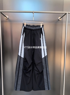 顺丰包邮 UHOT诱货2026春夏新款黑色拼接休闲裤松紧腰阔腿长裤