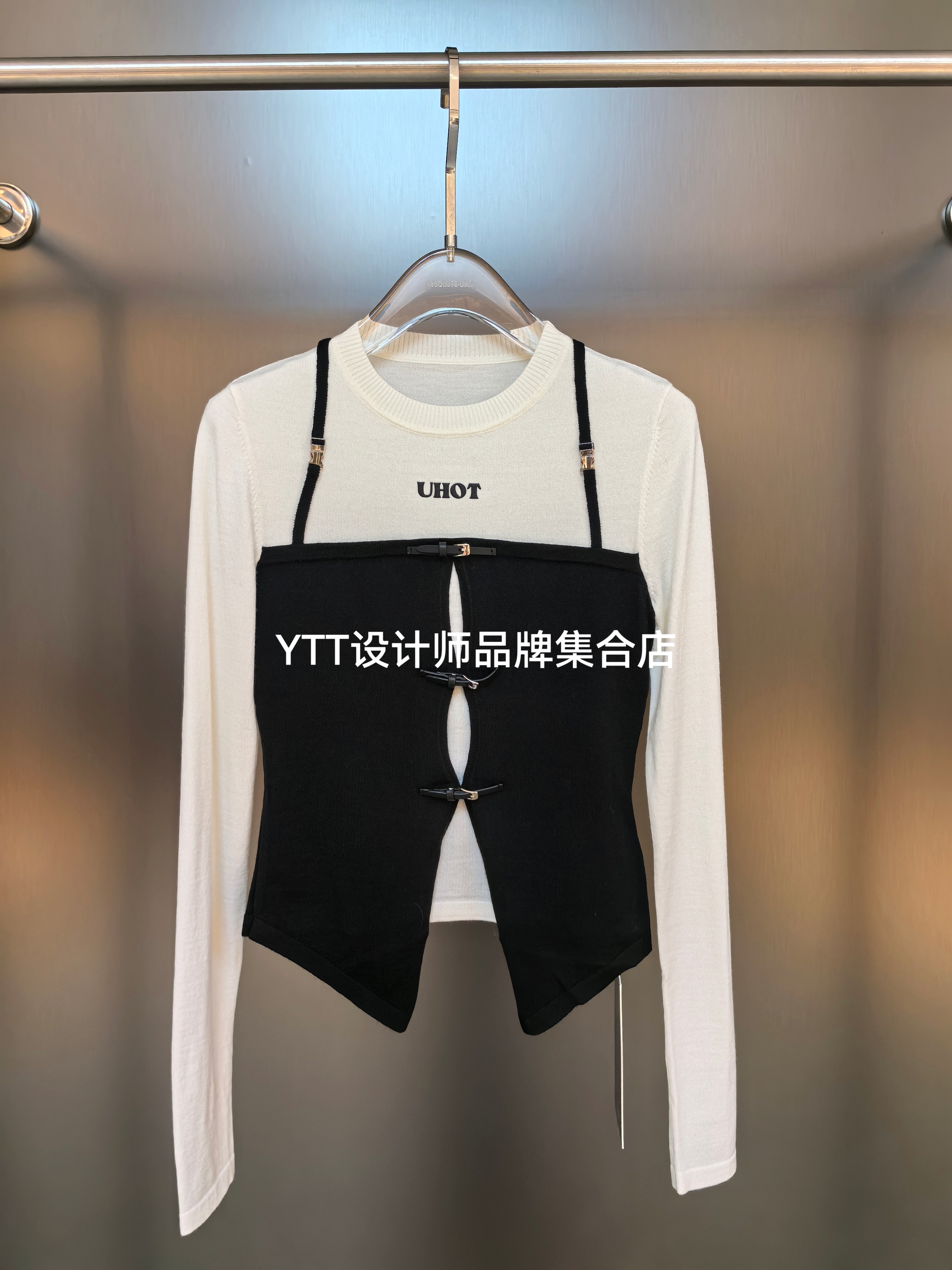 uhot诱货2025冬季新款现货黑白撞色时尚百搭休闲显瘦针织衫假两件