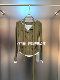 现货假两件上衣百搭显瘦上衣绿色配飘带T恤 UHOT诱货2025秋冬新款