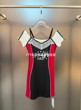 顺丰包邮 UHOT/uhot诱货2026夏季新款黑红色拼接一字肩短袖连衣裙