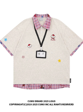 cuwu潮牌250g小狗刺绣拼接假两件短袖女男夏季POLO衫t恤宽松上衣