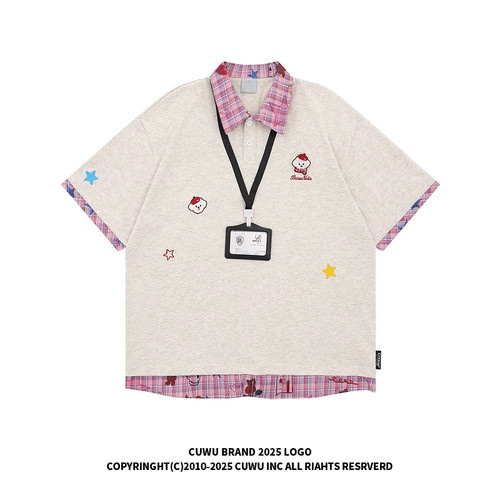 cuwu潮牌250g小狗刺绣拼接假两件短袖女男夏季POLO衫t恤宽松上衣